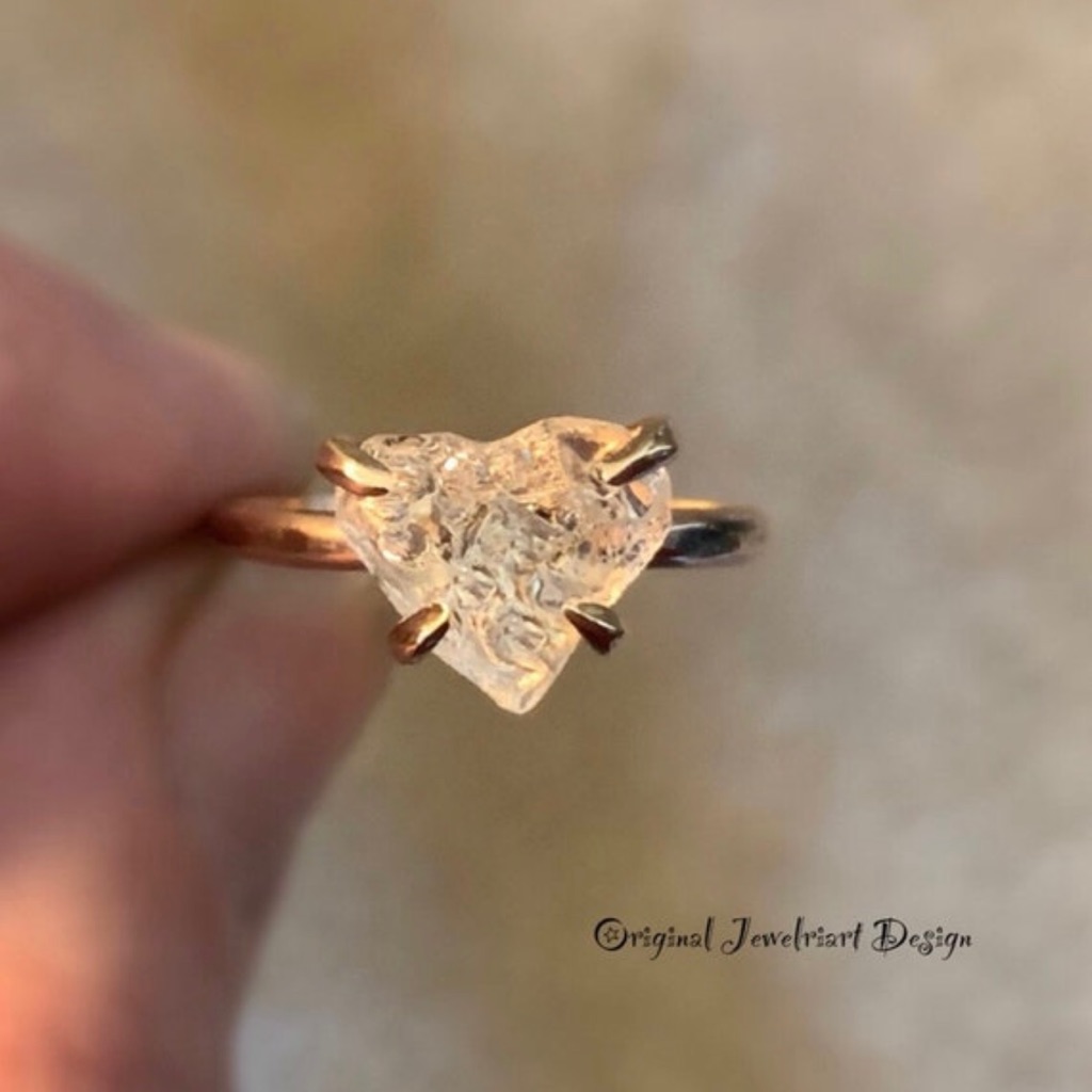 Completely Unique Raw Heart Crystal Ring 14k Goldfill Or Solid 925 Silver